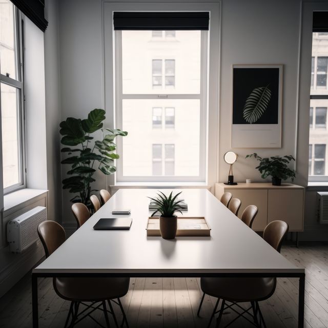 Modern conference room with minimalist furniture featuring a long table and chairs. Large windows allow natural light to flood the space, highlighting the sleek, professional decor. Potted plants add a touch of greenery, creating a contemporary and inviting workspace. Useful for depicting corporate settings, professional environments, office workspace designs, collaborative meetings, or modern office decor ideas.