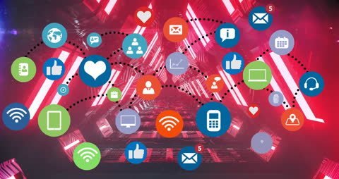 Digital Connection and Social Media Icons in Futuristic Sci-Fi Tunnel