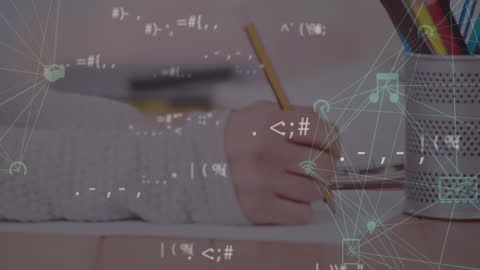 Boy Writing with Digital Network Interface Overlay