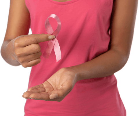 Transparent Female Hand Holding Pink Ribbon for Breast Cancer Awareness