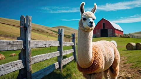 Cream and brown llama in idyllic countryside near wooden fence and barn