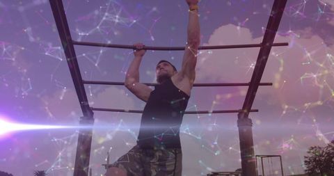 Man Training on Outdoor Pull-Up Bars with Modern Technology Overlay