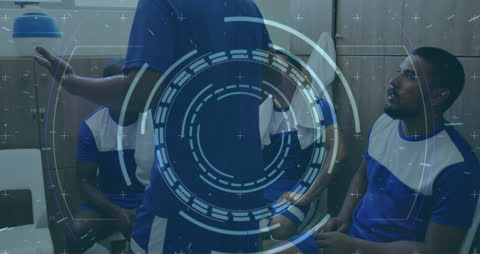 Diverse Football Players with Data Overlay in Locker Room