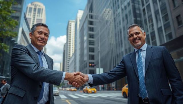 Professionals Shaking Hands on Busy City Street