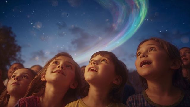 Children Gazing In Awe at Night Sky with Colorful Aurora
