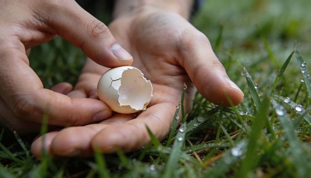 Cupping hands holding cracked eggshell on dewy grass close-up for fragile nature concept