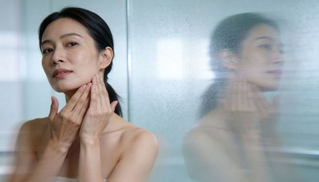 Asian woman massaging neck at vanity with frosted mirror reflection for skincare ritual
