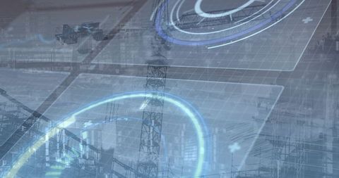 Futuristic port hud overlaying shipping cranes and container stacks with holographic grid