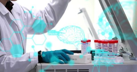 Laboratory scientist loading diagnostic vials into analyzer with teal neural data overlay