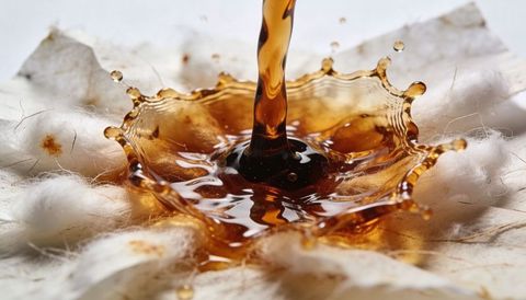 Pouring amber liquid forming crown splash on cotton pad macro texture and droplets