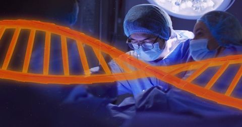 Surgeon performing precision surgery with glowing DNA helix overlay for genetic medicine