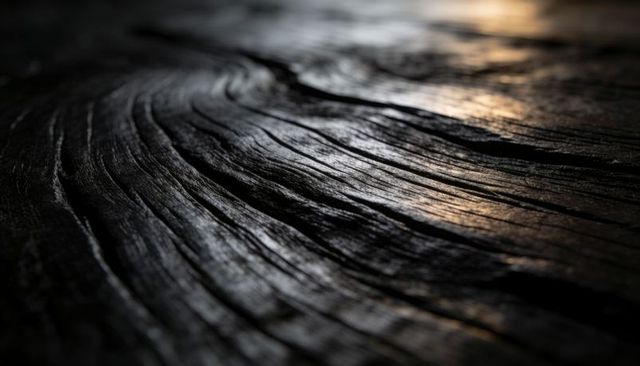 Aged wood grain revealing concentric growth rings, deep grooves, rustic patina, macro detail