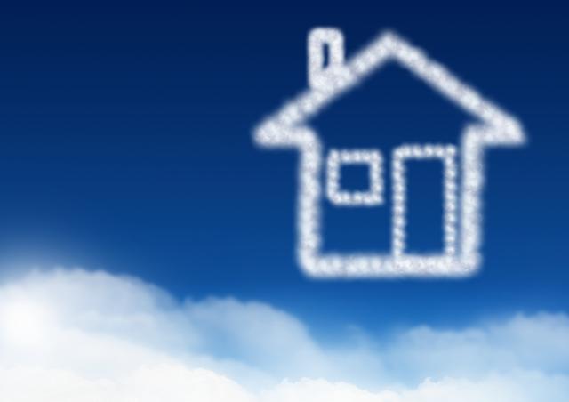 This image of a cloud forming a house model against a blue sky can be used for real estate advertisements, homeownership promotions, or inspirational content about dreams and aspirations. It is ideal for websites, brochures, and social media posts related to housing, property investment, and imaginative concepts.