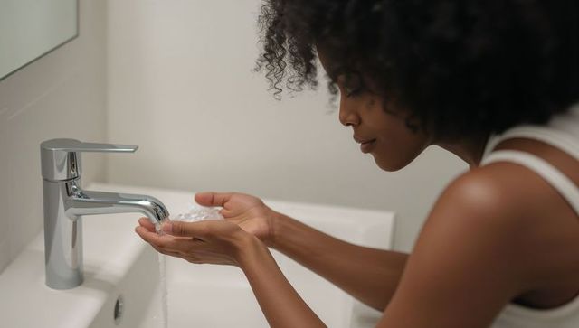 Woman washing hands at modern bathroom sink with chrome faucet, wellness self-care routine