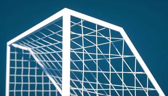 Minimalist white soccer goal corner with geometric net, metal posts and crossbar detail