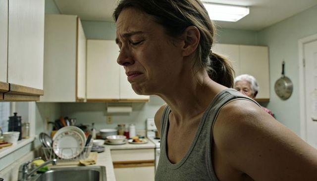 Young woman crying in kitchen conveying exhaustion stress family tension and caregiving strain