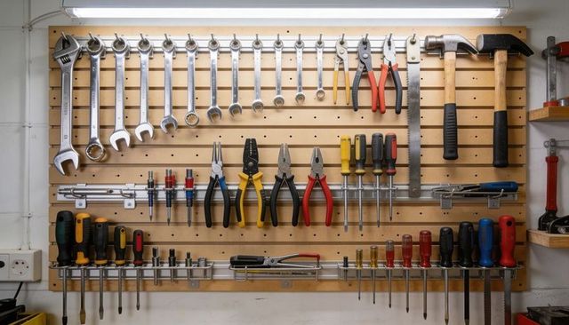 Organizing workshop pegboard displaying hand tools, wrenches, pliers, screwdrivers