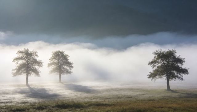 Backlit three trees casting long shadows across misty meadow at sunrise