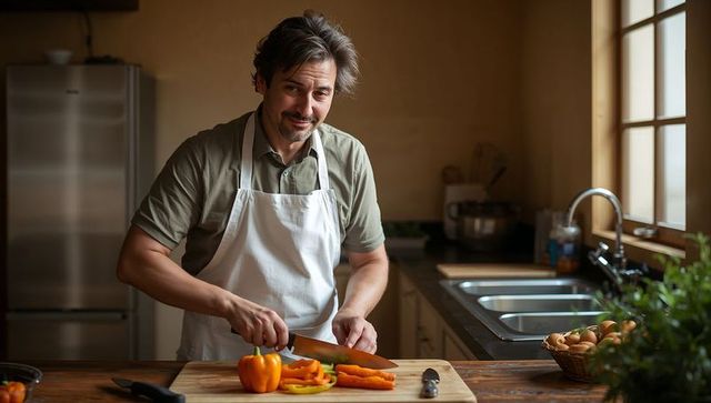Middle-aged man chopping orange bell peppers on wooden board in sunlit home kitchen