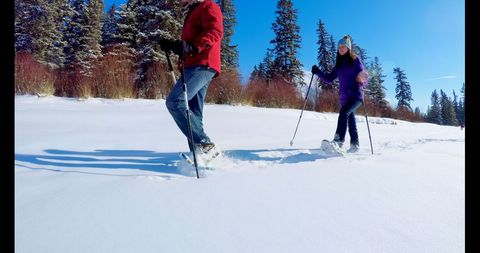 Couple Snowshoeing Outdoor Adventure in Scenic Winter Landscape