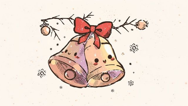 Smiling Christmas Bells Hanging with Red Bow Watercolor Holiday Illustration