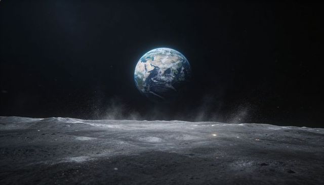 Earth rising above lunar surface revealing dust plumes and cratered regolith