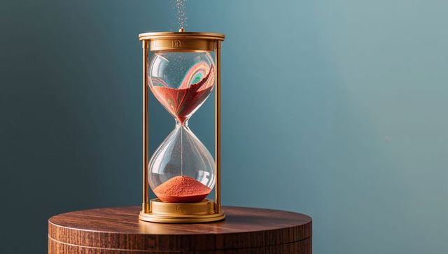 Gold hourglass with red sand against teal backdrop