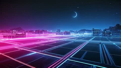 Sweeping Neon Grid Cityscape Pushing Forward Toward Crescent Moon Horizon