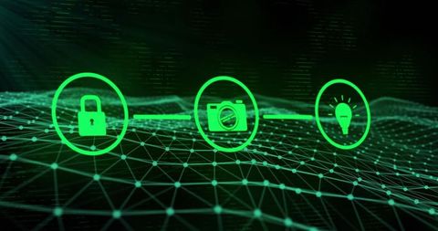Neon green symbols representing cybersecurity and innovation