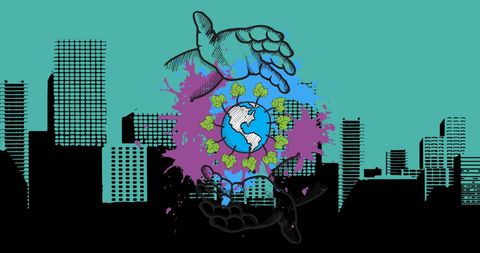 Hands Cradling Globe with Urban Background