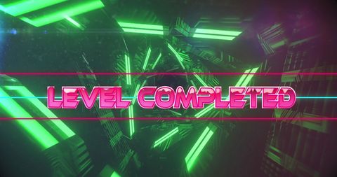 Retro neon level completed sign in futuristic tunnel