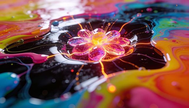 Glowing neon flower droplet pulsing on glossy liquid surface iridescent macro abstract art