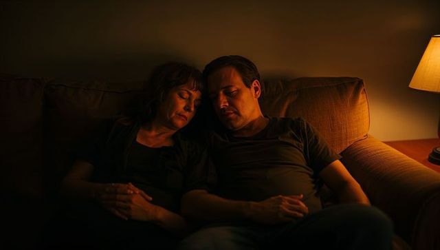 Middle-aged couple resting on couch at night under warm lamp light creating cozy intimate scene
