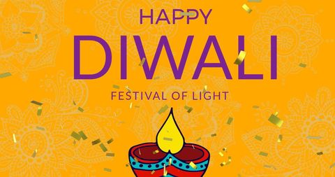 Diwali Celebration Greeting with Lit Diya and Festive Confetti