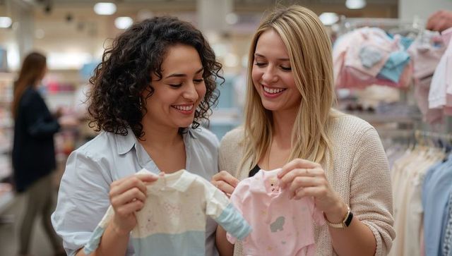 Smiling women comparing pastel baby onesies while shopping for newborn essentials