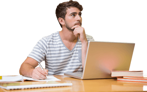 thoughtful student studying with laptop and notes on transparent background - Download Free Stock Videos Pikwizard.com