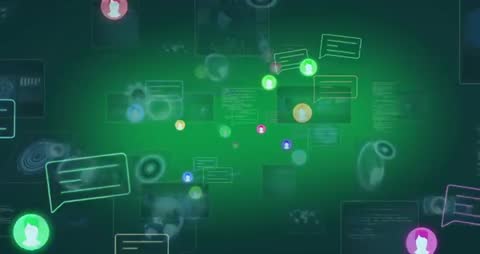 Visualizing real-time chat network with avatars, neon bubbles and floating data panels