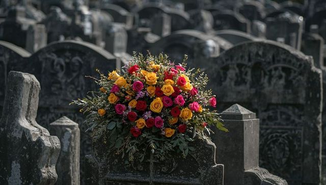 Vibrant rose bouquet decorating weathered headstone in historic cemetery at sunlit morning