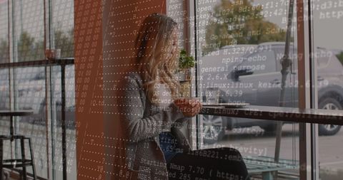 Woman Relaxing with Coffee Amid Latte AI Code Interplay