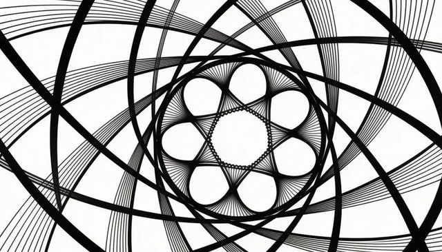 Monochrome Geometric Rosette with Overlapping Arcs and Radiating Fan Lines