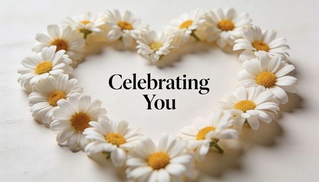 Daisy heart wreath surrounding celebrating you text on neutral background for greeting