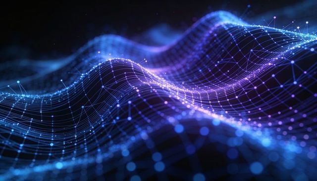 Undulating neon wireframe mesh forming digital wave network with glowing nodes