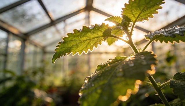 Sunlit greenhouse leaf catching dew and glowing rim light at golden hour