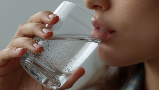 Closeup of woman sipping cold water from glass with condensation and soft natural light