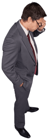 Transparent businessman in suit pondering deeply
