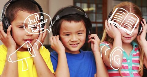 Children playing with headphones and icons demonstrating education and learning