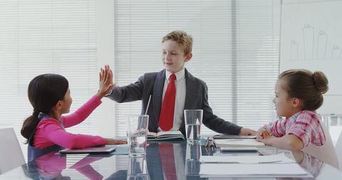 Children in Business Meeting High-Fiving, Collaborating in Office - Download Free Stock Images Pikwizard.com