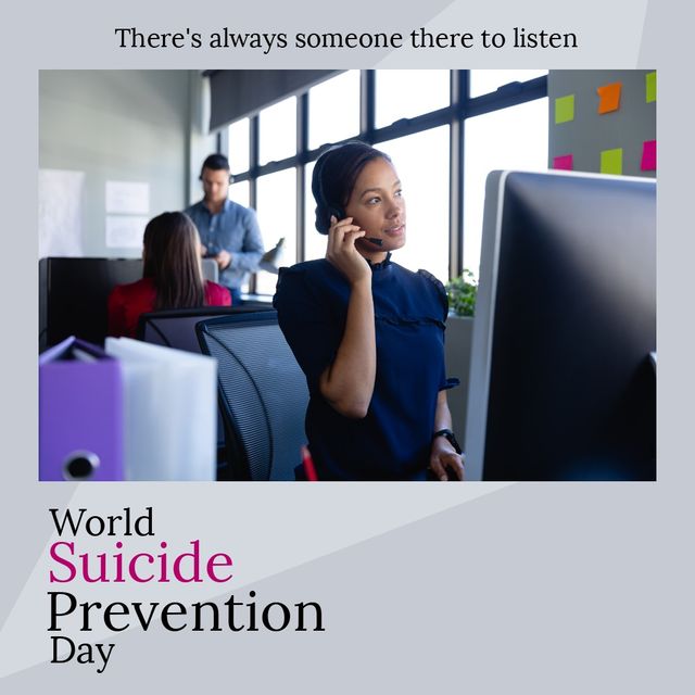 Biracial woman talking over headset in office and there's always someone there to listen text. Composite, world suicide prevention day, technology, mental health, support, protection, awareness.