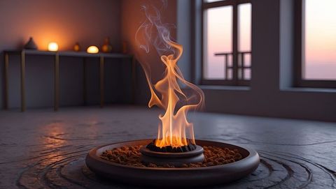Ceramic brazier with curling sandalwood smoke in zen meditation room