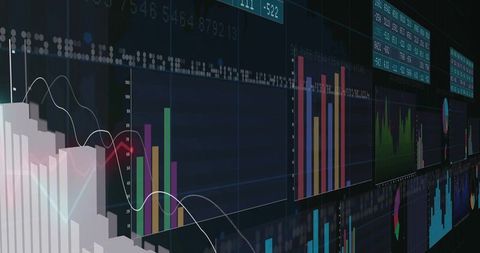 Futuristic Real-Time Financial Dashboard Showing Live Bar Charts, Line Graphs, Market Tickers